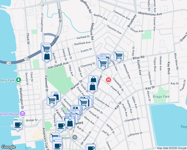 map of restaurants, bars, coffee shops, grocery stores, and more near 6 Newport Avenue in Newport