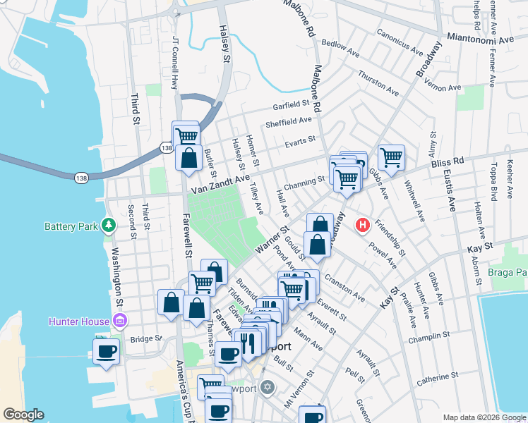 map of restaurants, bars, coffee shops, grocery stores, and more near 53 Gould Street in Newport