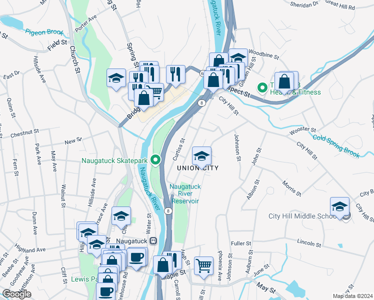 map of restaurants, bars, coffee shops, grocery stores, and more near 240 North Main Street in Naugatuck