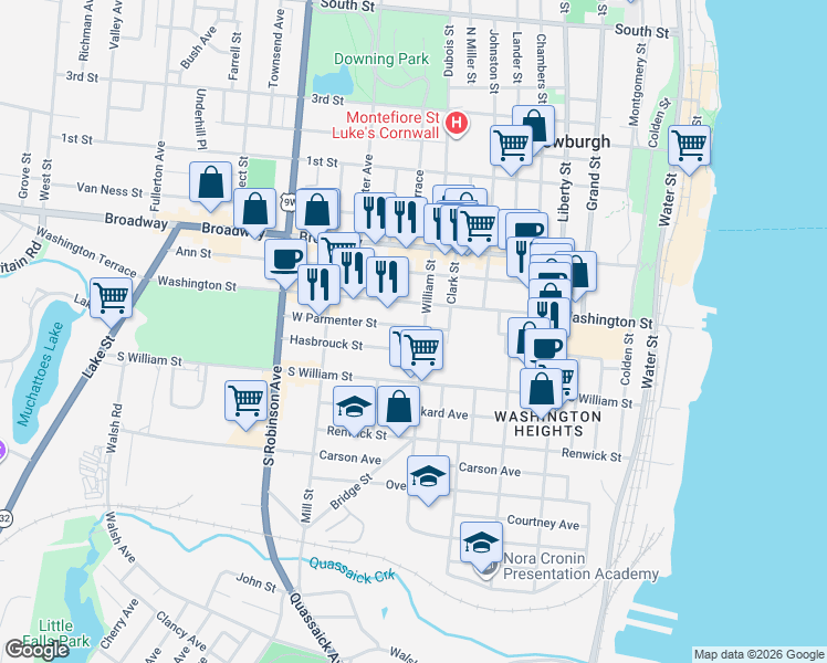 map of restaurants, bars, coffee shops, grocery stores, and more near 65 William Street in Newburgh