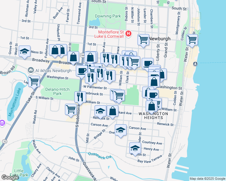 map of restaurants, bars, coffee shops, grocery stores, and more near 30 Hasbrouck Street in Newburgh