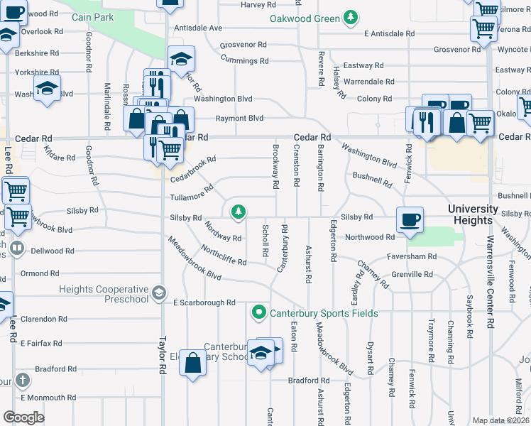 map of restaurants, bars, coffee shops, grocery stores, and more near 3610 Silsby Road in University Heights