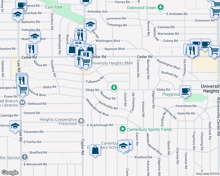 map of restaurants, bars, coffee shops, grocery stores, and more near 3548 Silsby Road in Cleveland Heights