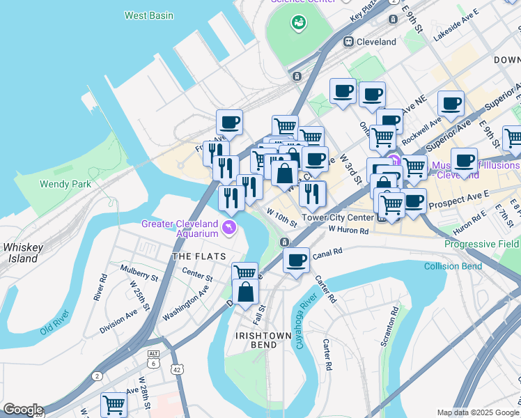 map of restaurants, bars, coffee shops, grocery stores, and more near 1025 West Superior Avenue in Cleveland