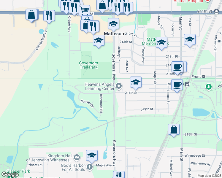 map of restaurants, bars, coffee shops, grocery stores, and more near 4032 216th Street in Matteson