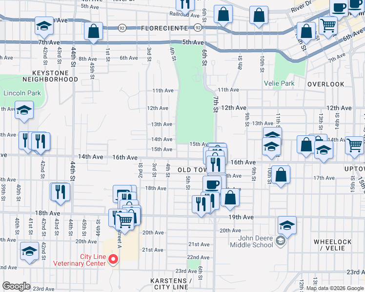 map of restaurants, bars, coffee shops, grocery stores, and more near 427 16th Avenue in Moline