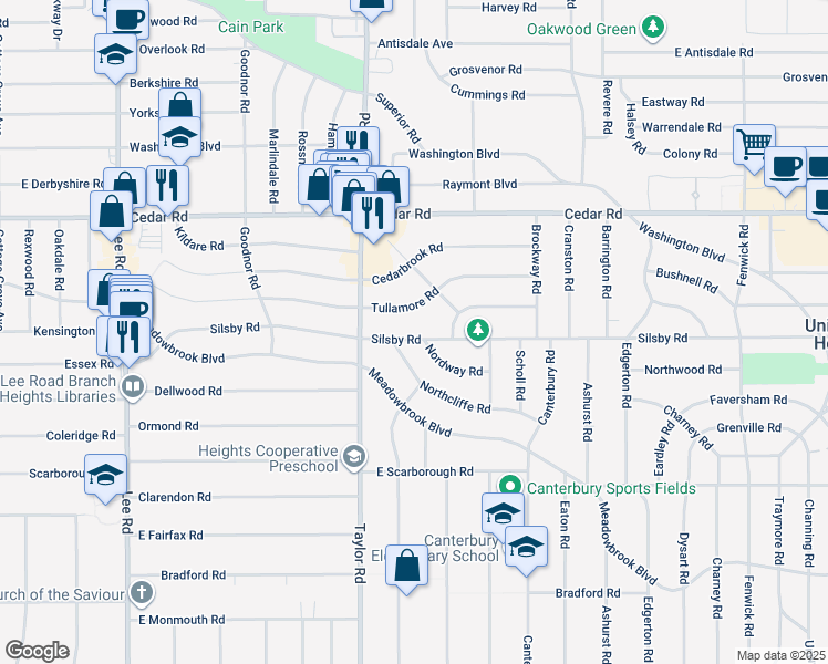 map of restaurants, bars, coffee shops, grocery stores, and more near 3509 Silsby Road in University Heights