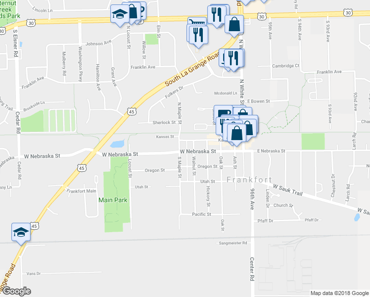 map of restaurants, bars, coffee shops, grocery stores, and more near 213 West Nebraska Street in Frankfort