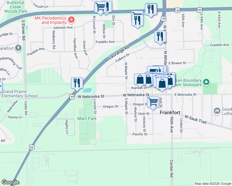 map of restaurants, bars, coffee shops, grocery stores, and more near 266 West Nebraska Street in Frankfort