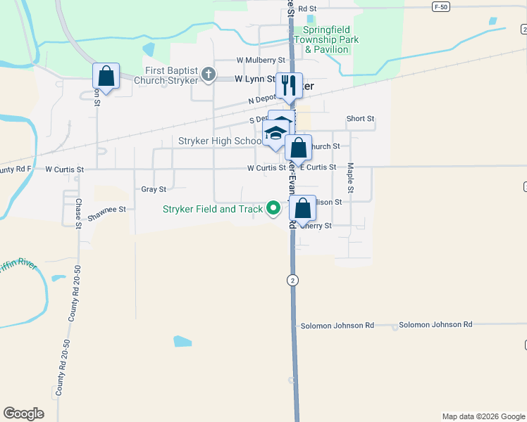 map of restaurants, bars, coffee shops, grocery stores, and more near 107 Allison Street in Stryker