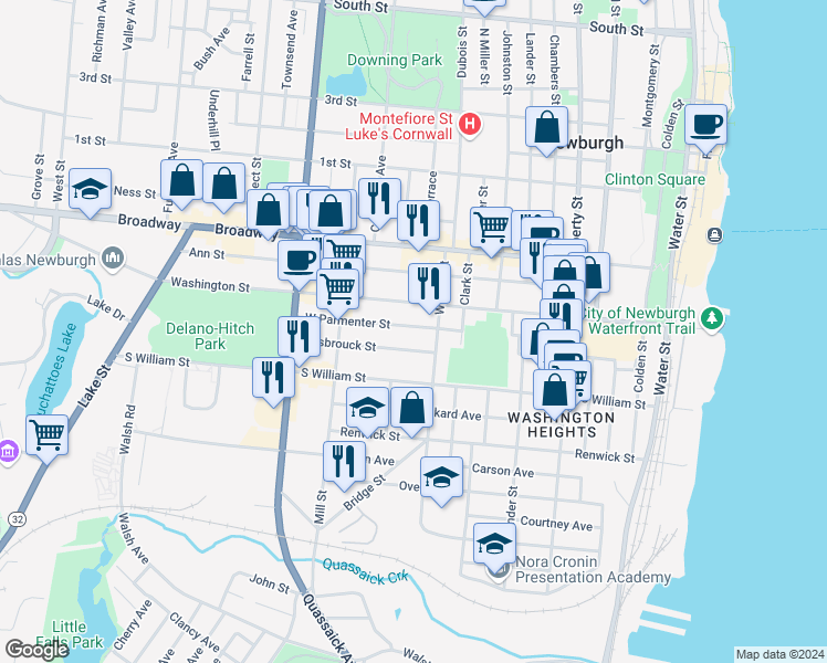 map of restaurants, bars, coffee shops, grocery stores, and more near 119 West Parmenter Street in Newburgh