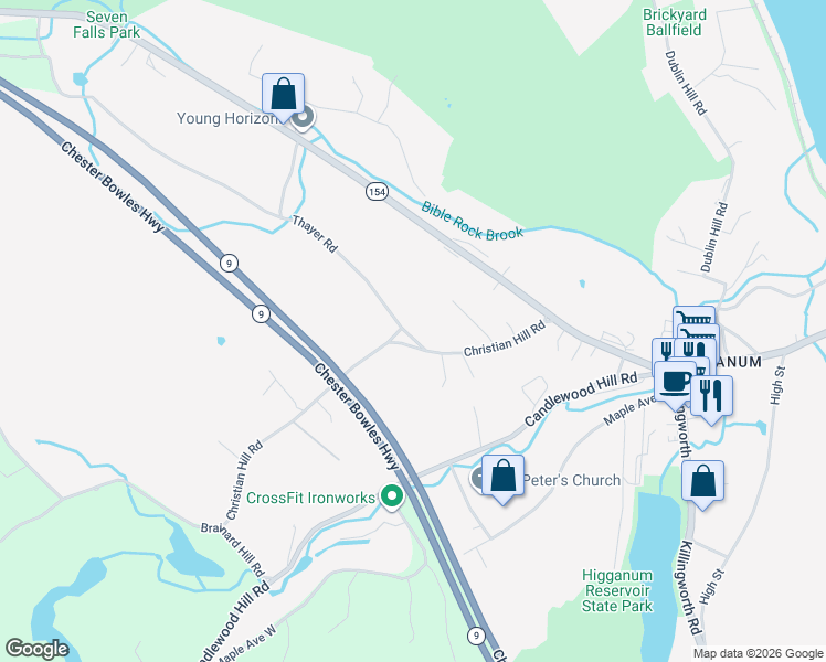 map of restaurants, bars, coffee shops, grocery stores, and more near 59 Christian Hill Road in Haddam