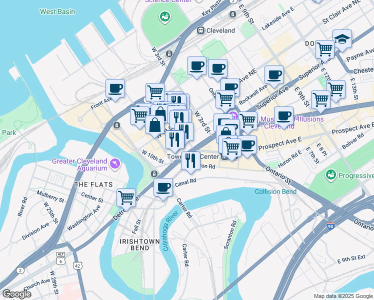 map of restaurants, bars, coffee shops, grocery stores, and more near 615 West Superior Avenue in Cleveland