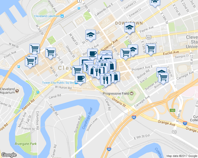 map of restaurants, bars, coffee shops, grocery stores, and more near 210 Prospect Avenue East in Cleveland