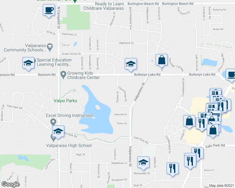 map of restaurants, bars, coffee shops, grocery stores, and more near 3202 Parker Drive in Valparaiso