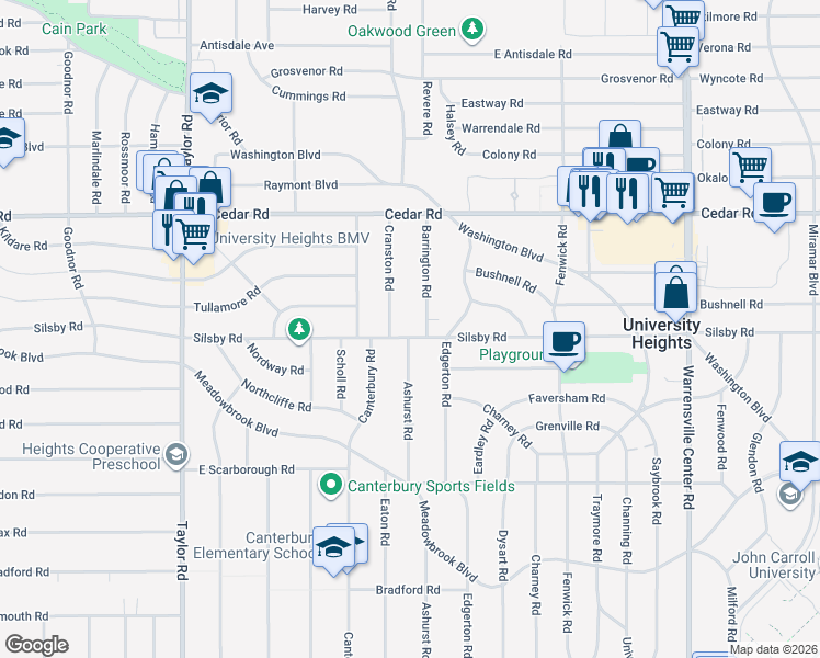 map of restaurants, bars, coffee shops, grocery stores, and more near 3697 Silsby Road in University Heights