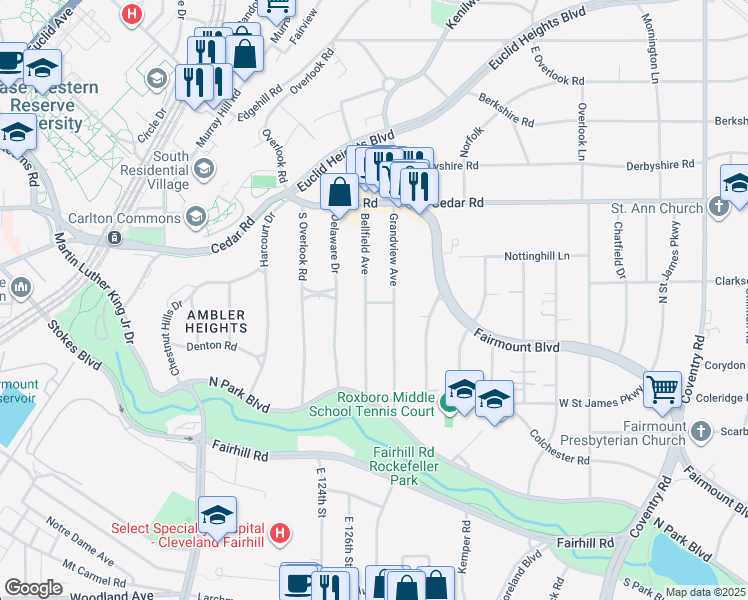 map of restaurants, bars, coffee shops, grocery stores, and more near 2259 Bellfield Ave in Cleveland Heights