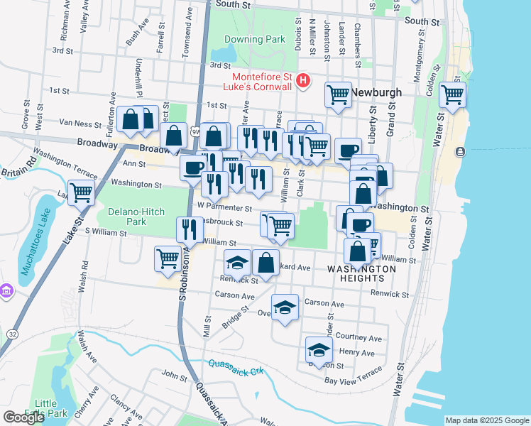 map of restaurants, bars, coffee shops, grocery stores, and more near 30 Hasbrouck Street in Newburgh