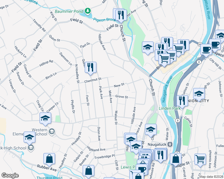 map of restaurants, bars, coffee shops, grocery stores, and more near 85 Grove Street in Naugatuck