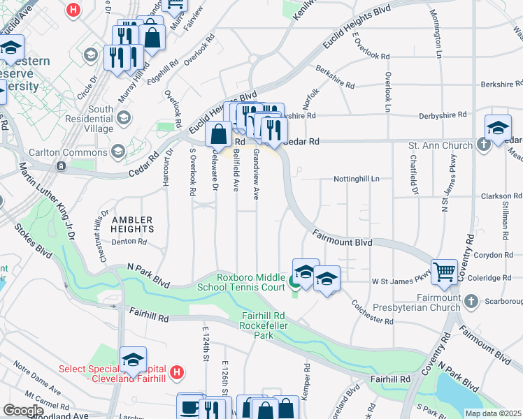 map of restaurants, bars, coffee shops, grocery stores, and more near 2286 Ardleigh Drive in Cleveland Heights