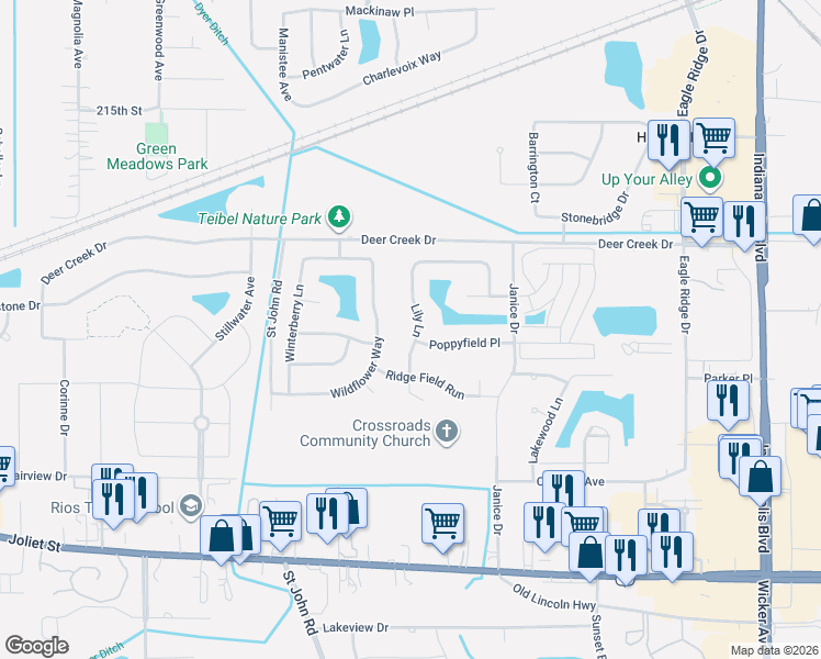 map of restaurants, bars, coffee shops, grocery stores, and more near 1281 Poppyfield Place in Schererville