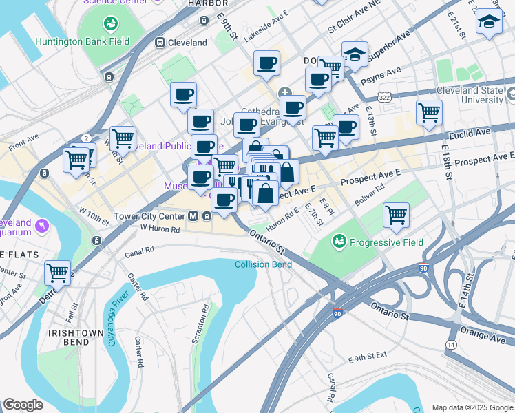 map of restaurants, bars, coffee shops, grocery stores, and more near 300 Prospect Avenue East in Cleveland