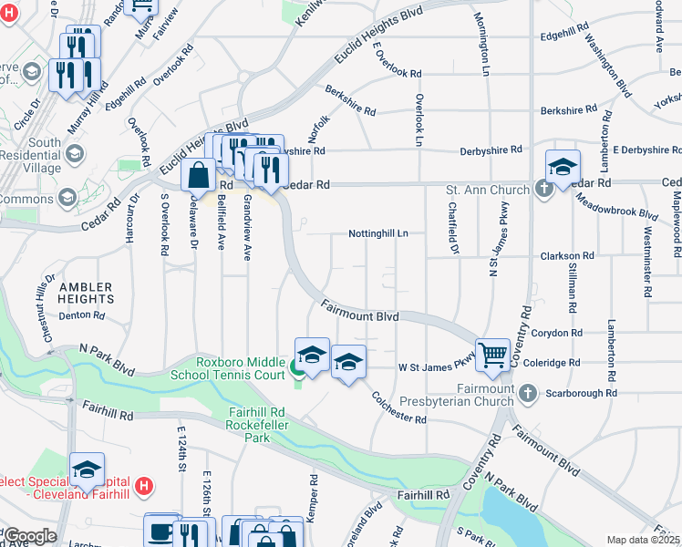 map of restaurants, bars, coffee shops, grocery stores, and more near 2259 Delamere Drive in Cleveland Heights