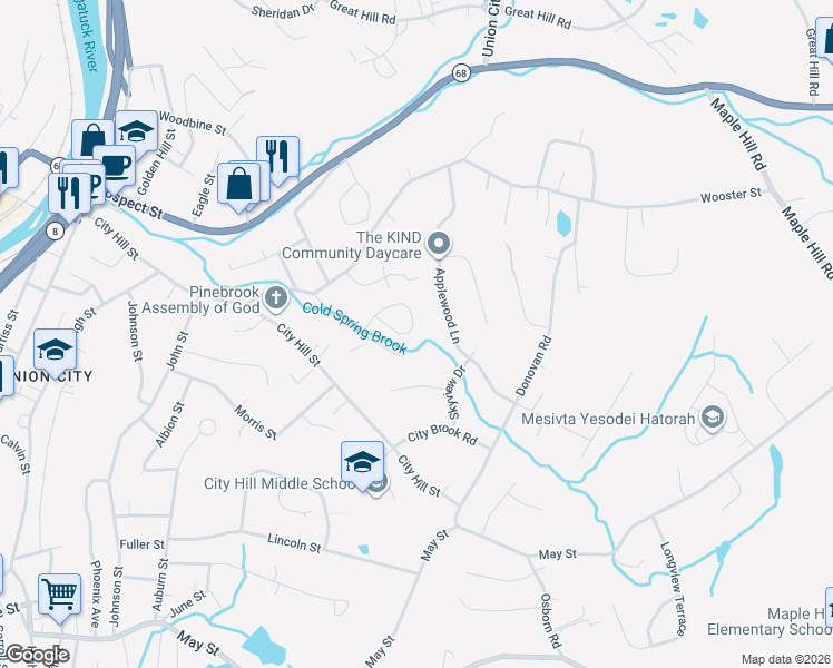 map of restaurants, bars, coffee shops, grocery stores, and more near 150 Brook Street in Naugatuck