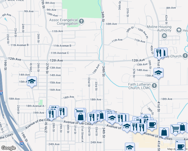 map of restaurants, bars, coffee shops, grocery stores, and more near 3216 13th Avenue in Moline