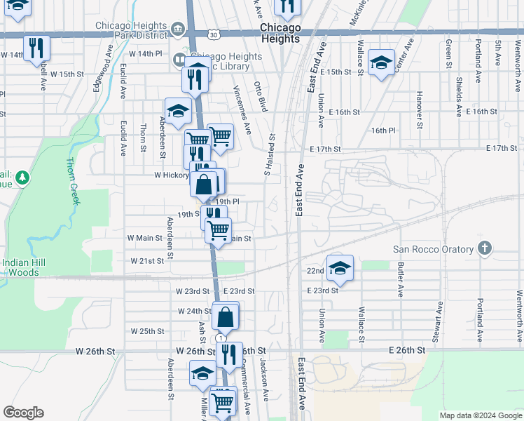 map of restaurants, bars, coffee shops, grocery stores, and more near 1914 South Halsted Street in Chicago Heights