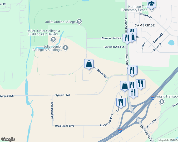 map of restaurants, bars, coffee shops, grocery stores, and more near 1524 Richard T. Rivera Way in Joliet