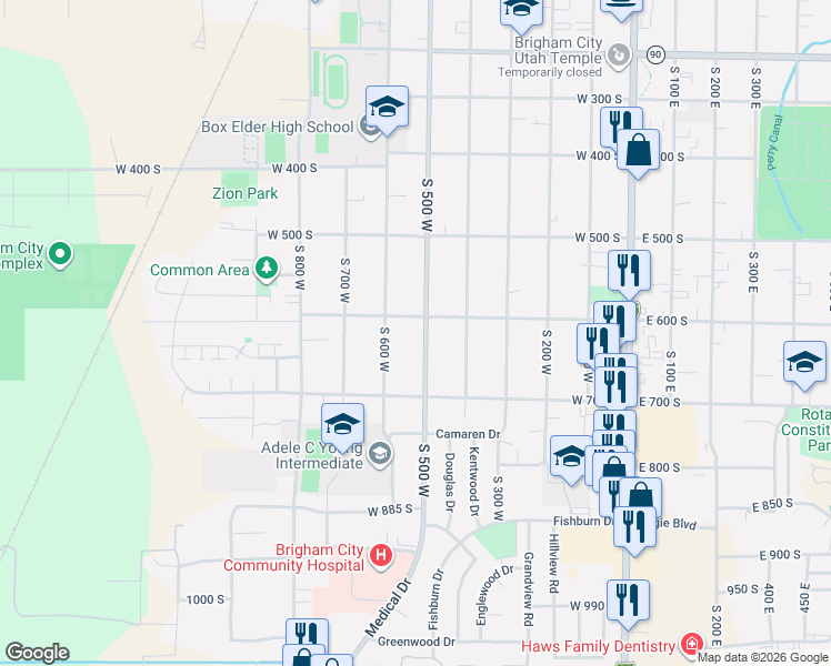 map of restaurants, bars, coffee shops, grocery stores, and more near 642 South 500 West in Brigham City