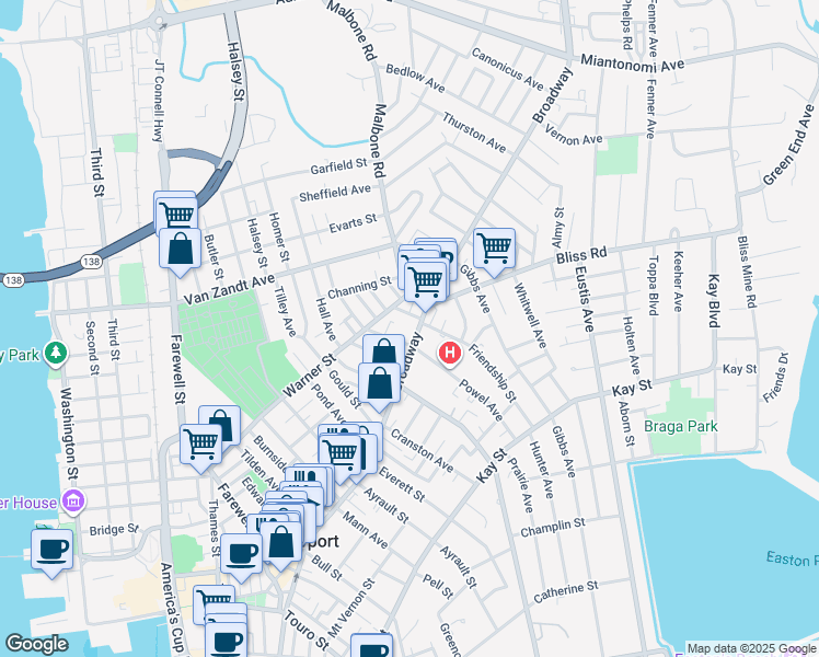 map of restaurants, bars, coffee shops, grocery stores, and more near 6 Newport Avenue in Newport