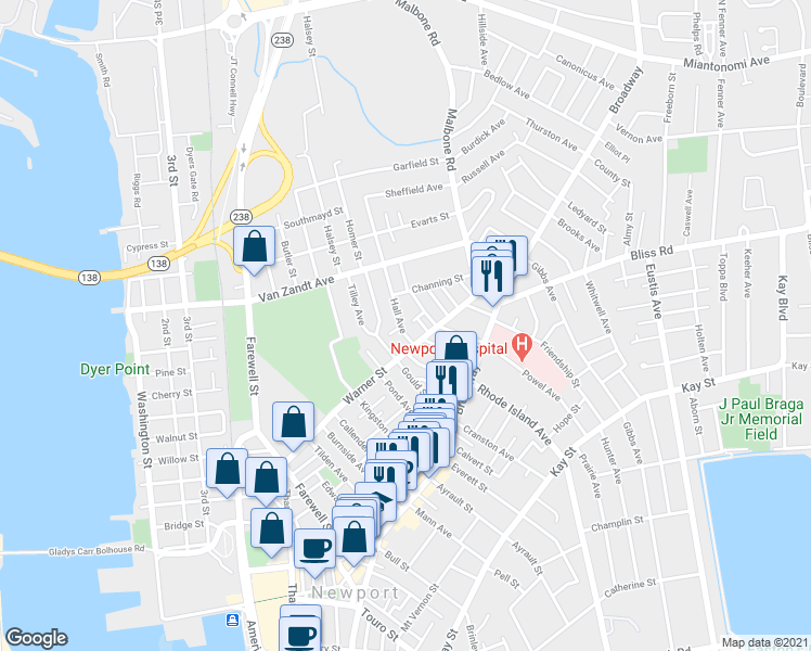map of restaurants, bars, coffee shops, grocery stores, and more near 53 Gould Street in Newport