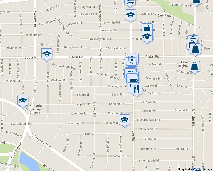 map of restaurants, bars, coffee shops, grocery stores, and more near 3106 Kensington Road in Cleveland Heights
