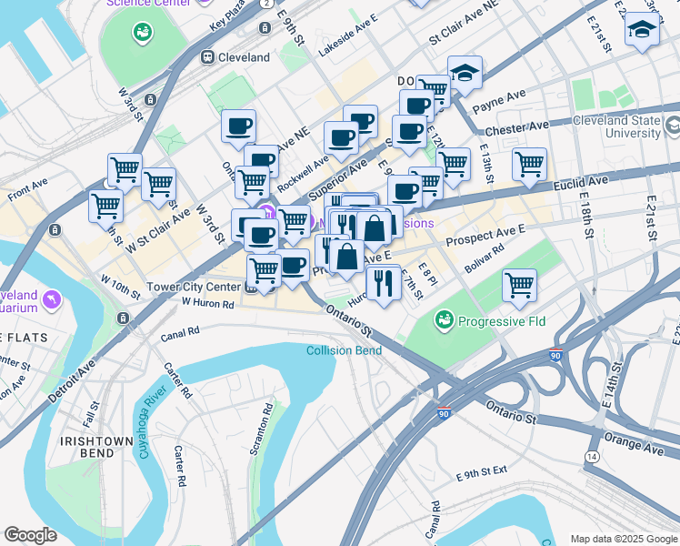 map of restaurants, bars, coffee shops, grocery stores, and more near 2148 East 4th Street in Cleveland
