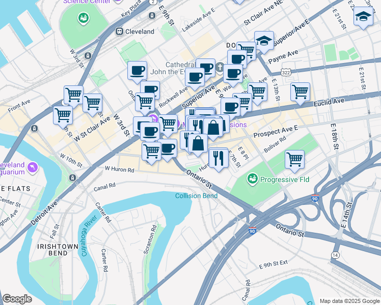 map of restaurants, bars, coffee shops, grocery stores, and more near 2148 East 4th Street in Cleveland