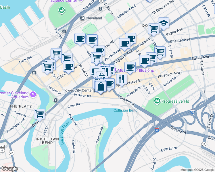 map of restaurants, bars, coffee shops, grocery stores, and more near 101 West Prospect Avenue in Cleveland
