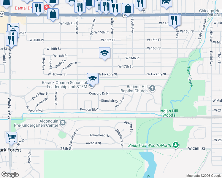 map of restaurants, bars, coffee shops, grocery stores, and more near 358 Concord Drive in Chicago Heights