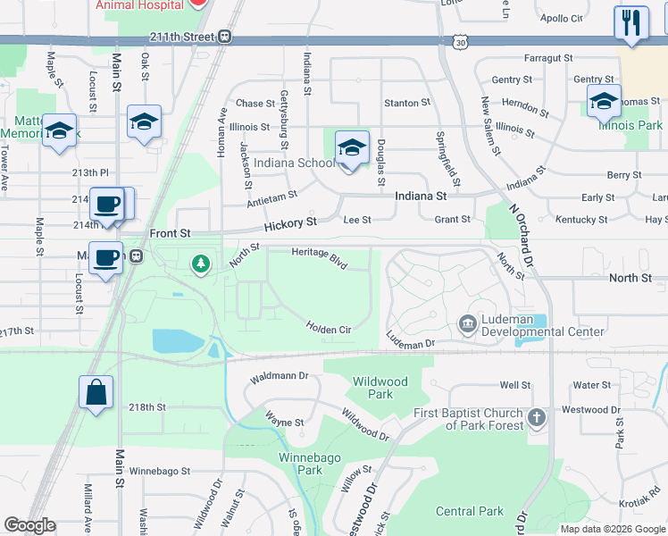 map of restaurants, bars, coffee shops, grocery stores, and more near 3121 Heritage Boulevard in Matteson