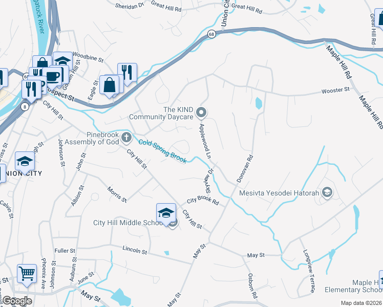 map of restaurants, bars, coffee shops, grocery stores, and more near 150 Brook Street in Naugatuck
