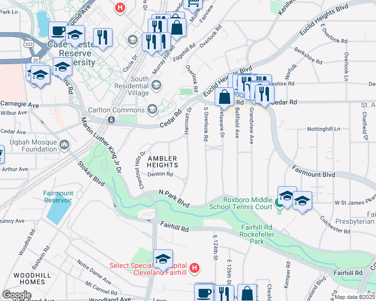 map of restaurants, bars, coffee shops, grocery stores, and more near Harcourt Drive in Cleveland Heights