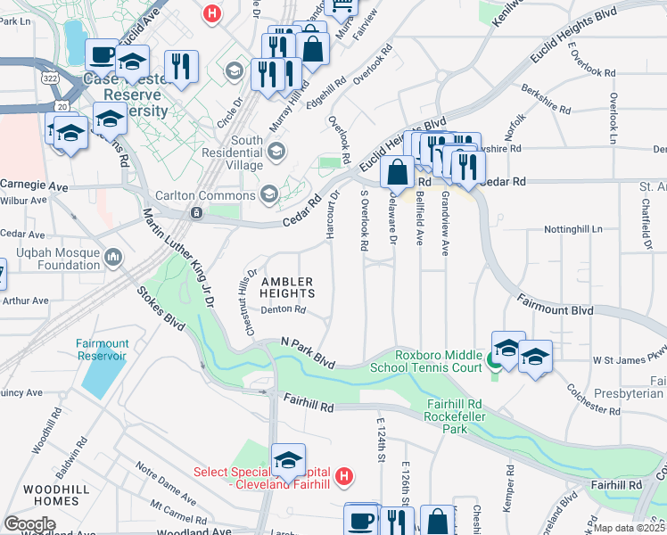 map of restaurants, bars, coffee shops, grocery stores, and more near Harcourt Drive in Cleveland Heights