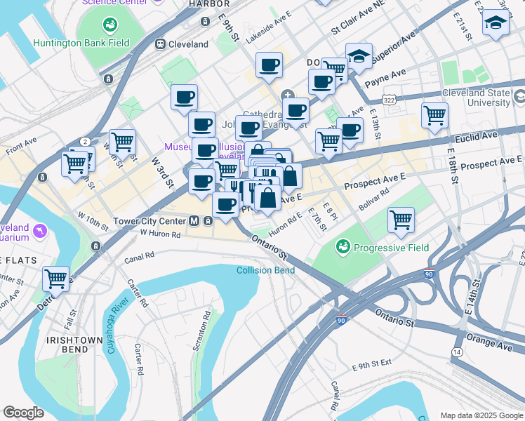 map of restaurants, bars, coffee shops, grocery stores, and more near 310 Prospect Avenue East in Cleveland