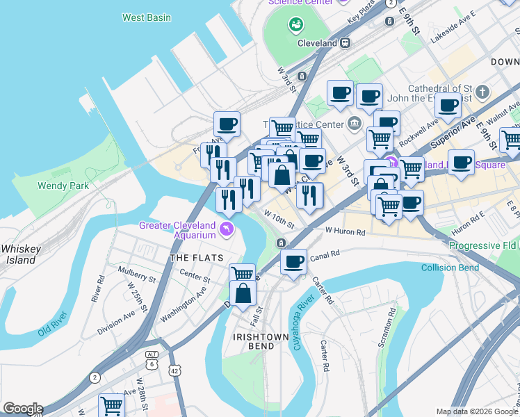 map of restaurants, bars, coffee shops, grocery stores, and more near W St Clair Ave & W 10th St in Cleveland