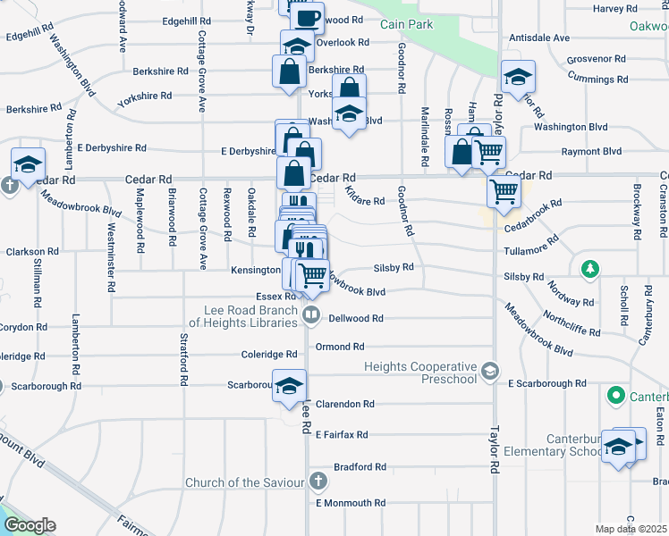 map of restaurants, bars, coffee shops, grocery stores, and more near 3235 Meadowbrook Boulevard in Cleveland Heights