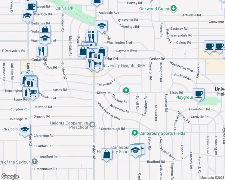 map of restaurants, bars, coffee shops, grocery stores, and more near 3492 Nordway Road in Cleveland Heights