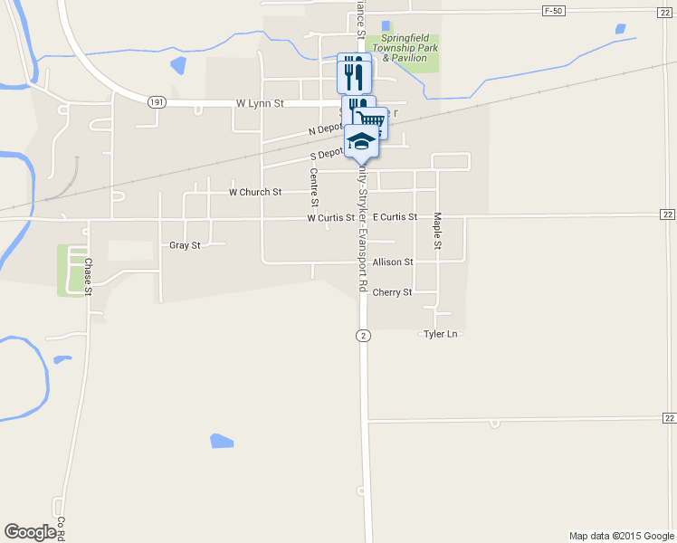 map of restaurants, bars, coffee shops, grocery stores, and more near 107 Allison Street in Stryker