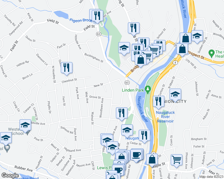 map of restaurants, bars, coffee shops, grocery stores, and more near 327 Hillside Avenue in Naugatuck