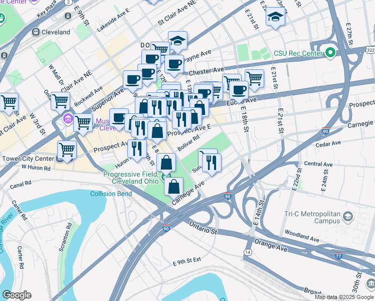 map of restaurants, bars, coffee shops, grocery stores, and more near 2301 East 9th Street in Cleveland